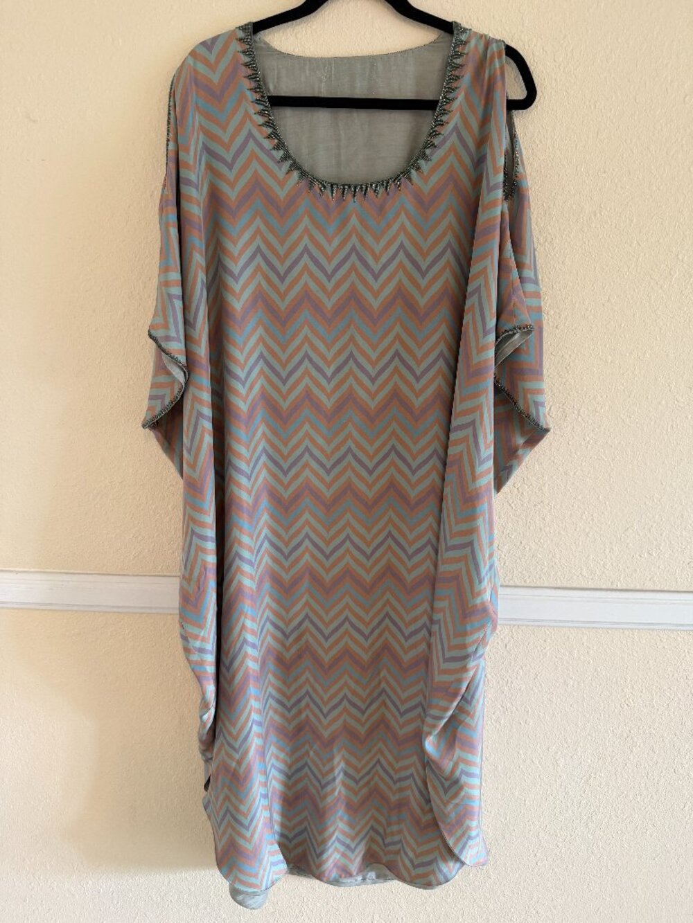 Gorgeous Beaded Kaftan with metallic bird embroidery on back, L